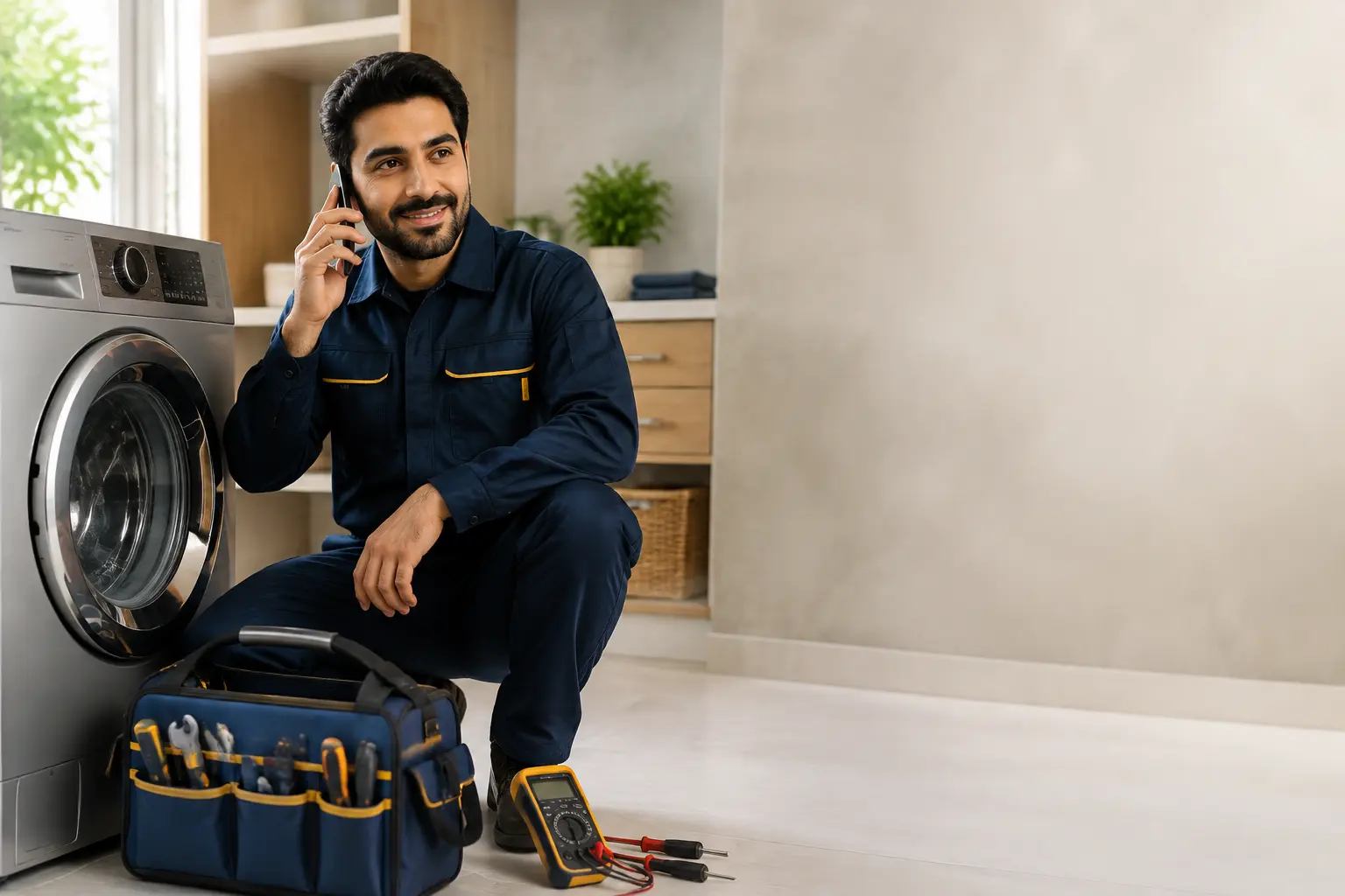 تکنسین جاوید سرویس در حال پاسخ‌گویی تلفنی کنار ماشین لباسشویی